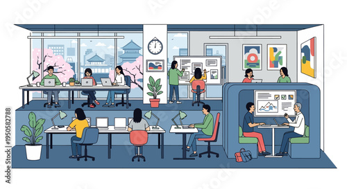 Modern office with diverse people working, collaborating, and learning in a bright, open space.