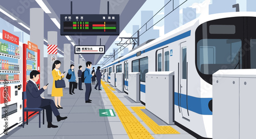 Modern train station platform with passengers waiting for a high-speed train