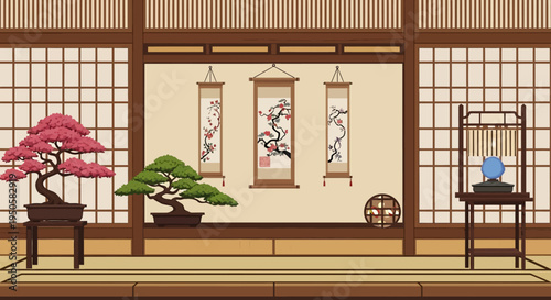 Serene Japanese Room with Bonsai Trees, Scrolls, and Zen Decor