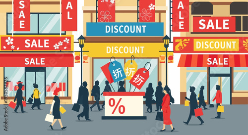 Shopping street with sale and discount signs, people shopping during a sale event