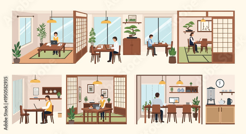 Cozy Japanese Cafe Interior with People Working and Dining