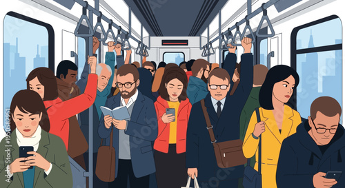 Crowded Commute: Diverse People on a Busy Train During Rush Hour