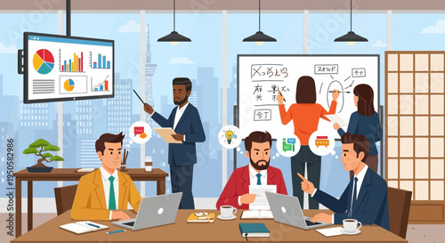 Diverse team collaborating in a modern office, presenting business strategy with charts and whiteboard.