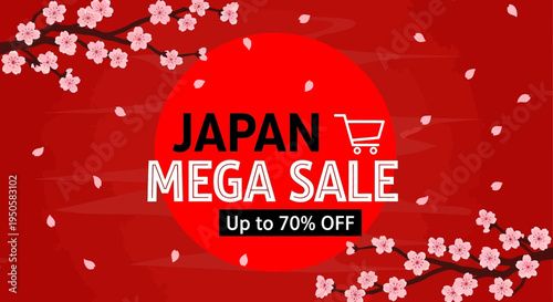 Japan Mega Sale Up to 70% Off Banner with Cherry Blossoms and Shopping Cart Icon