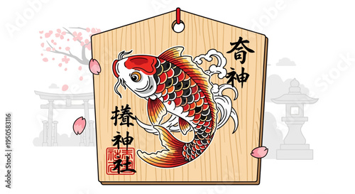 Japanese Ema Prayer Plaque with Koi Fish and Cherry Blossoms