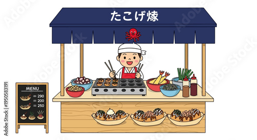 Japanese street food vendor selling takoyaki from a stall, cartoon style