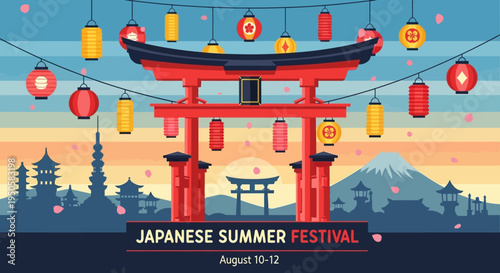 Japanese Summer Festival Torii Gate Lanterns Mount Fuji Pagoda Cherry Blossoms