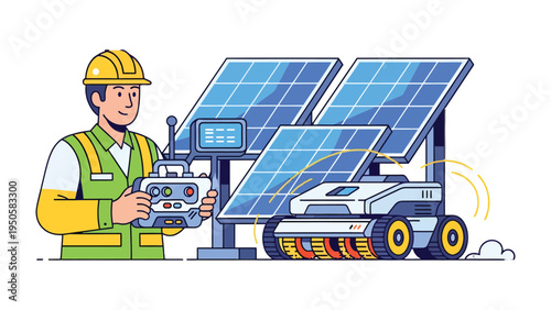 Solar Panel Engineer and Robot: An engineer, with a keen eye for innovation, intently focuses on the operation of a solar panel cleaning robot, standing before pristine solar panels.