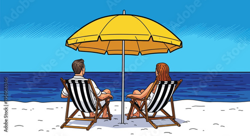 Man and woman sitting on deck chairs under yellow umbrella at beach