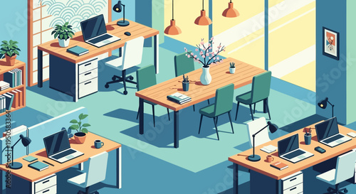 Modern Office Interior with Desks, Meeting Table, and Natural Light