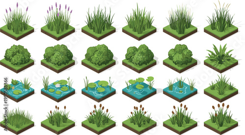 Schilderij op canvas Isometric landscape tiles set with green bushes, swamp plants, water lilies, and lavender on grass blocks vector illustration