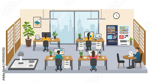 Modern Office Interior with Employees Working at Desks and Vending Machines