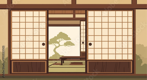 Traditional Japanese Room Interior with Shoji Screens and Garden View