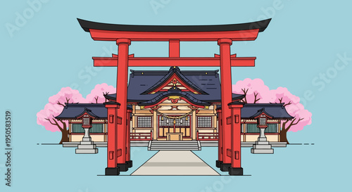 Traditional Japanese Shrine Entrance with Torii Gate and Cherry Blossoms