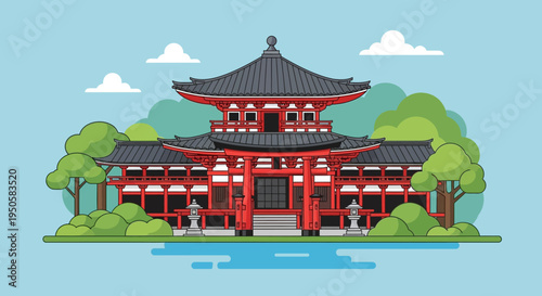 Traditional Japanese Temple Architecture with Lush Greenery and Blue Sky