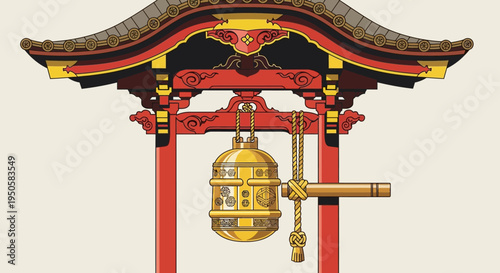 Traditional Japanese Temple Bell Torii Gate with Ornate Golden Bell