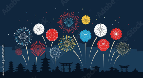 Vibrant Fireworks Display Over Japanese Pagodas and Torii Gates at Night