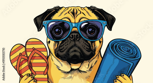 Close up illustration of a pug with sunglasses and beach items