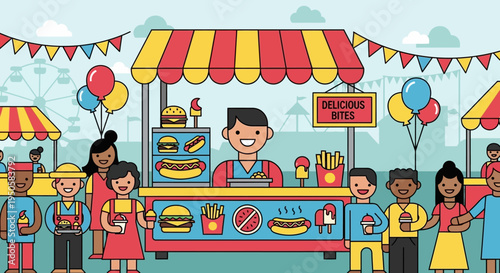 Happy People Enjoying Food at a Lively Outdoor Fairground Food Stall