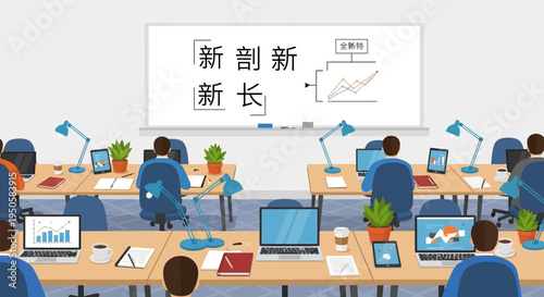 Modern Office with Employees Working on Laptops and Charts on Whiteboard