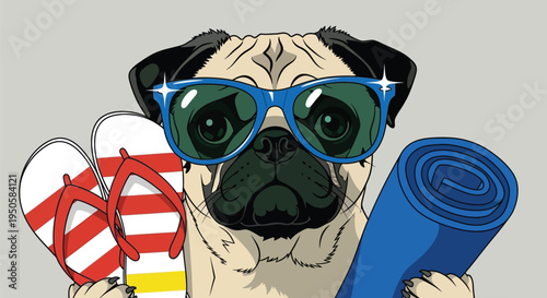 Illustration of a pug wearing blue sunglasses with beach gear