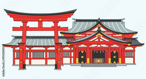 Traditional Japanese Shrine Gate and Temple Building, Red and White Architecture, Cultural Landmark
