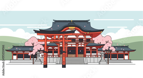 Traditional Japanese Shrine with Torii Gate and Cherry Blossoms