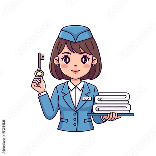 Cartoon Hotel Staff Member Holding Key.