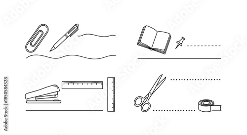 Stationery items collection, minimalistic style, black and white, useful for office or school tasks