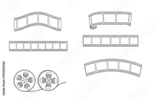 Film reel and strip illustrations in vintage style for movie production concepts