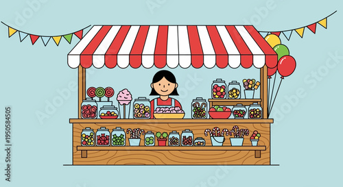 Happy Vendor Selling Sweets at a Colorful Fairground Candy Stall