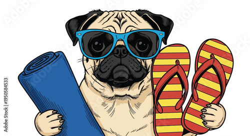 Pug wearing blue sunglasses holding yoga mat and flip flops