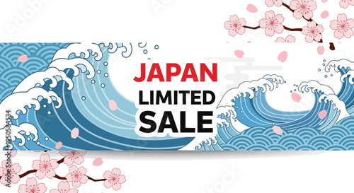 Japan Limited Sale Banner with Traditional Waves and Cherry Blossoms