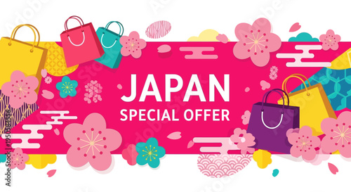 Japan Special Offer Banner with Shopping Bags and Cherry Blossoms