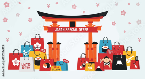 Japan Special Offer: Shopping Bags and Torii Gate with Cherry Blossoms and Yen Symbols