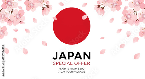 Japan Travel Special Offer: Cherry Blossoms and Japanese Flag with Flight Package Deal
