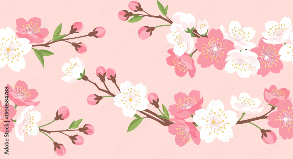 Fototapeta premium Pink and White Cherry Blossom Branches on Soft Pink Background - Spring Floral Pattern