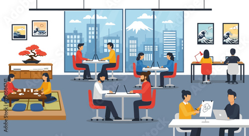 Modern Japanese Office with People Working and Relaxing