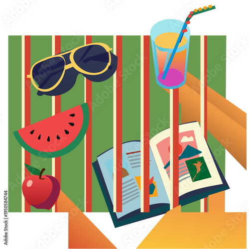 Minimalist Summer Reading Concept with Watermelon and Sunglasses. Geometric flat vector illustration of summer essentials on a green striped background. Featured items: an open book with illustrations