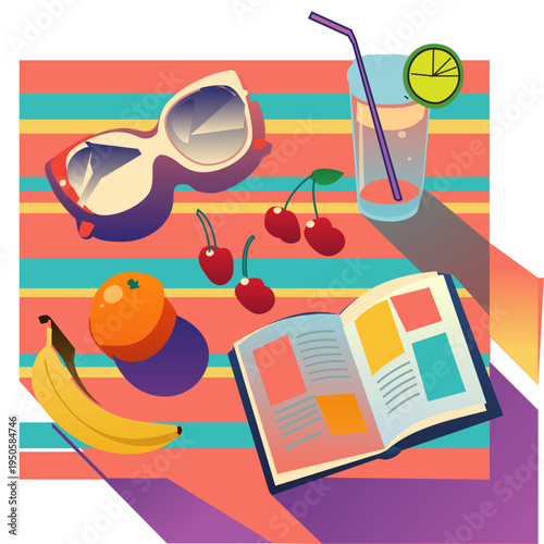 Vibrant Pop Art Summer Still Life with Fruits and Magazine. Stylish flat vector illustration of summer relaxation. An open colorful magazine, large sunglasses, cherries, an orange, a banana, and...