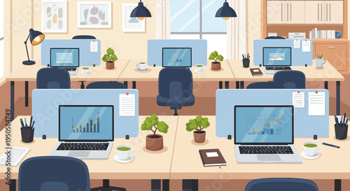 Modern office interior with cubicles, laptops, and plants, bright workspace