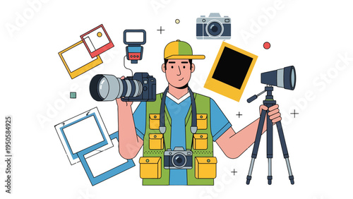 Photographer and tools: A male photographer, surrounded by various essential equipment such as camera, lens, tripod, and flash, all key components for capturing the perfect shot.