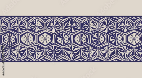 Seamless Geometric Pattern: Hexagonal Tessellation with Starburst Motifs in Blue and Beige