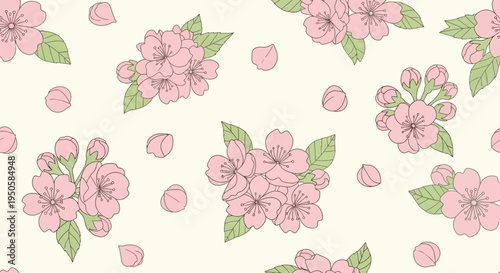 Seamless Pattern of Pink Cherry Blossoms and Petals on Cream Background