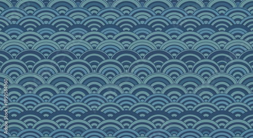 Seamless Japanese Wave Pattern, Blue Ocean Scallop Shell Motif, Traditional Textile Design