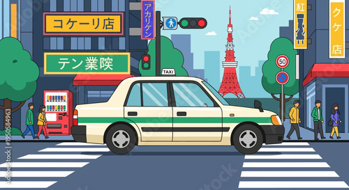 Tokyo street scene with taxi, Tokyo Tower, and pedestrians