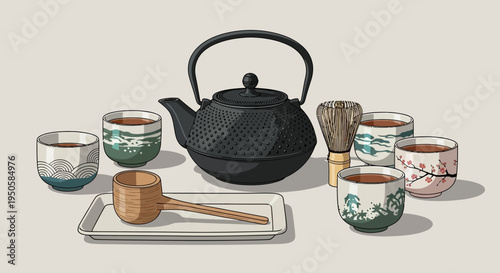 Traditional Japanese Tea Ceremony Set: Cast Iron Kettle, Matcha Whisk, and Cups