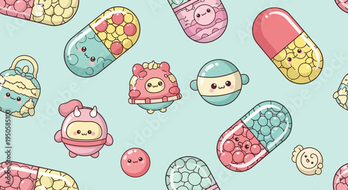 Cute Kawaii Pills and Characters Pattern on Pastel Background