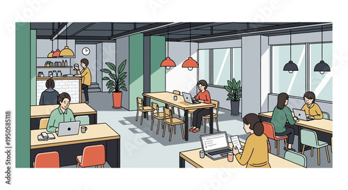 Diverse people working in a modern co-working space, collaboration and productivity