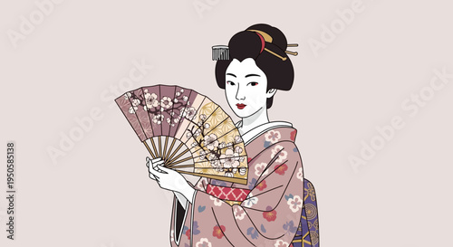 Elegant Japanese Geisha Holding a Traditional Fan with Floral Pattern